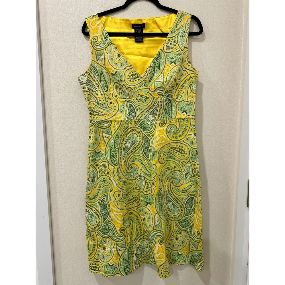 Y2K Spense Yellow Green Paisley Sleeveless Sheath Dress V-Neck Size 10